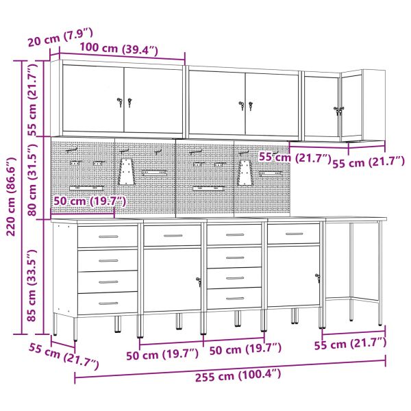 Комплект работни шкафове с чекмедже с рафт 12 pcs Черен и Сив