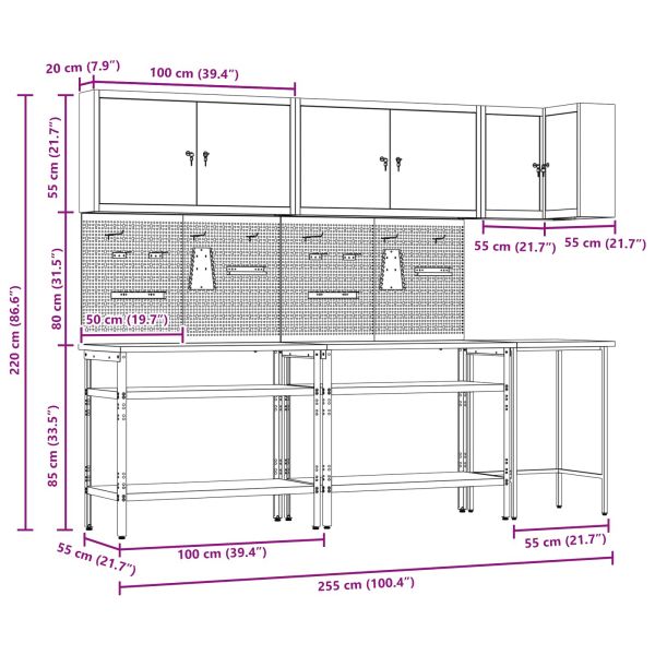 Комплект работни шкафове с рафт 10 pcs Червен и сив