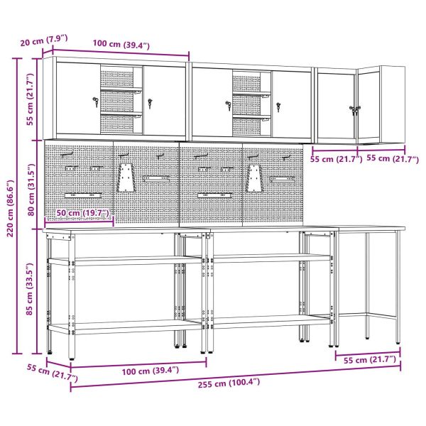 Комплект работни шкафове с рафт с заключване 10 pcs Черен и Сив