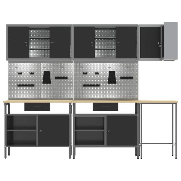 Комплект работни шкафове с чекмедже с рафт 10 pcs Черен и Сив