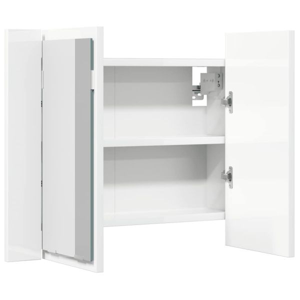 Шкаф с LED огледало за баня, бял гланц, 60x12x45см, акрил