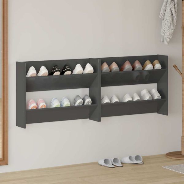 Шкафове за обувки 2 бр сив гланц 80x18x60 см инженерно дърво