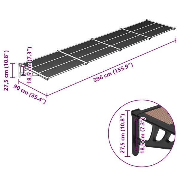 Навес за врата, черен, 396x90 см, поликарбонат