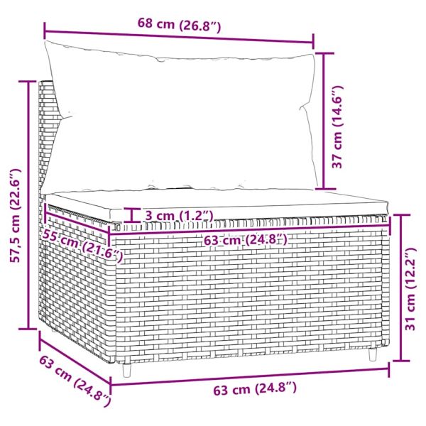 Градински среден диван с възглавници, кафяв, полиратан