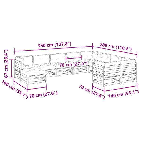 Градински комплект диван с възглавници от 10 части, бор масив