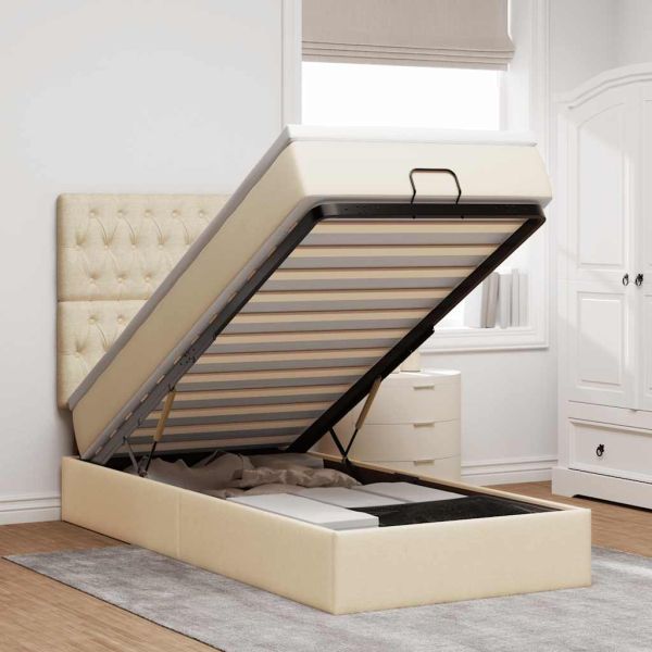 Османска легло с матрак, кремаво, 90x190 см, плат