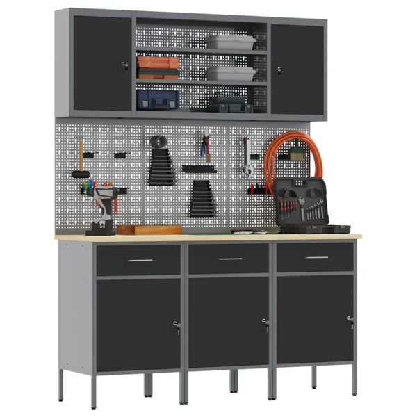 Работен кабинет 7 pcs Черно Инженерна дървесина и стомана