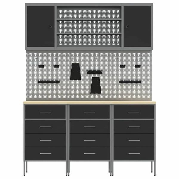 Работен кабинет 7 pcs Черно Инженерна дървесина и стомана