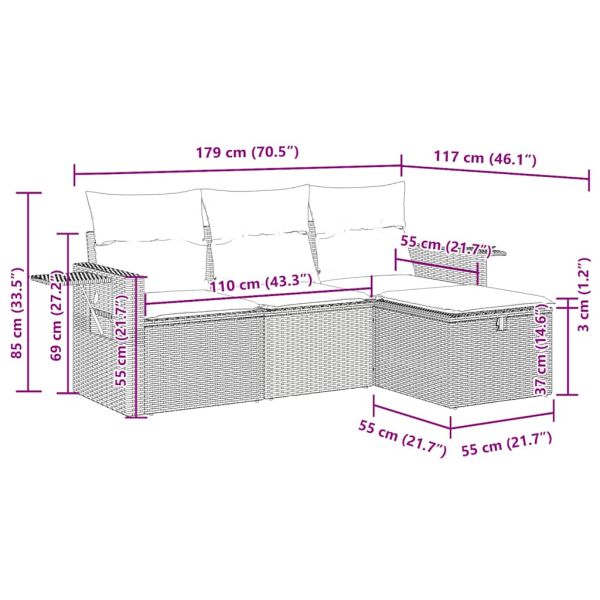 Градински диван с възглавници от 4 части сив полиратан
