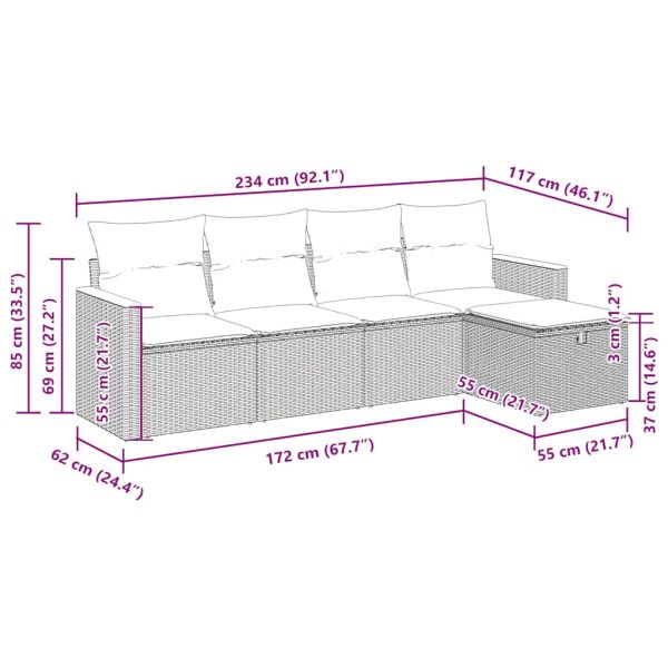 Градински комплект с възглавници, 5 части, сив полиратан