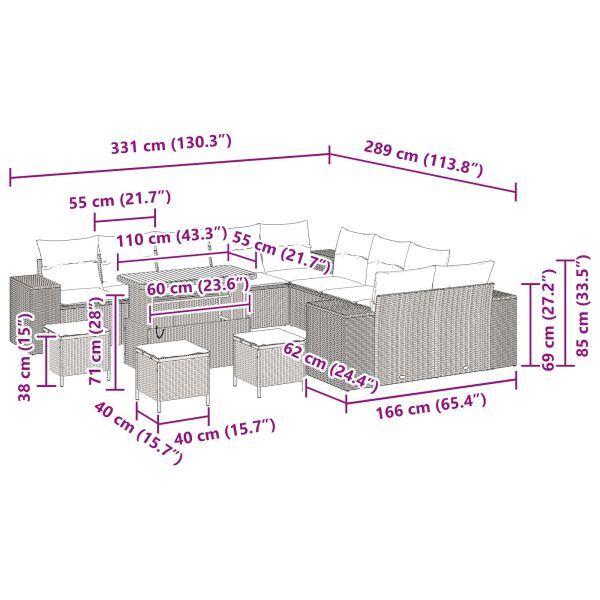 Градински Софа Комплект с възглавница 14 pcs Черно полиратан