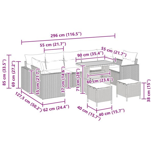Градински Софа Комплект с възглавница 13 pcs Черно полиратан