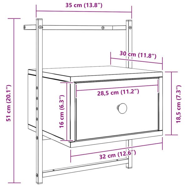 Нощно шкафче стенно кафяв дъб 35x30x51 см инженерно дърво