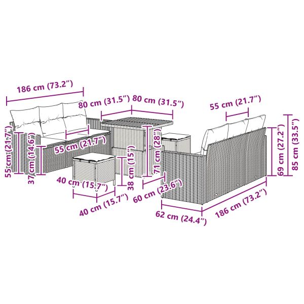 Градински Софа Комплект с възглавница 9 pcs Черно