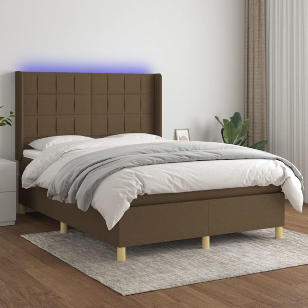 Боксспринг легло с матрак и LED, тъмнокафяво, 140x200 см, плат