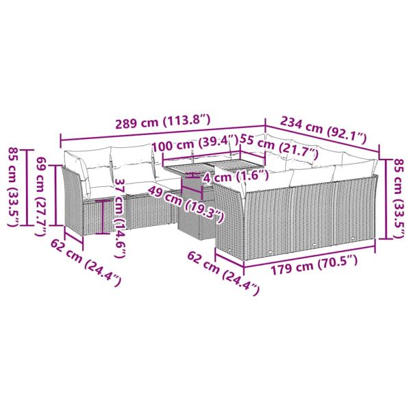 Градински диван с възглавници, 11 части, бежов полиратан
