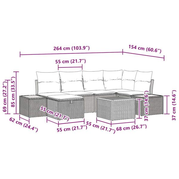 Градински Софа Комплект с възглавница 9 pcs Сив Полиратан