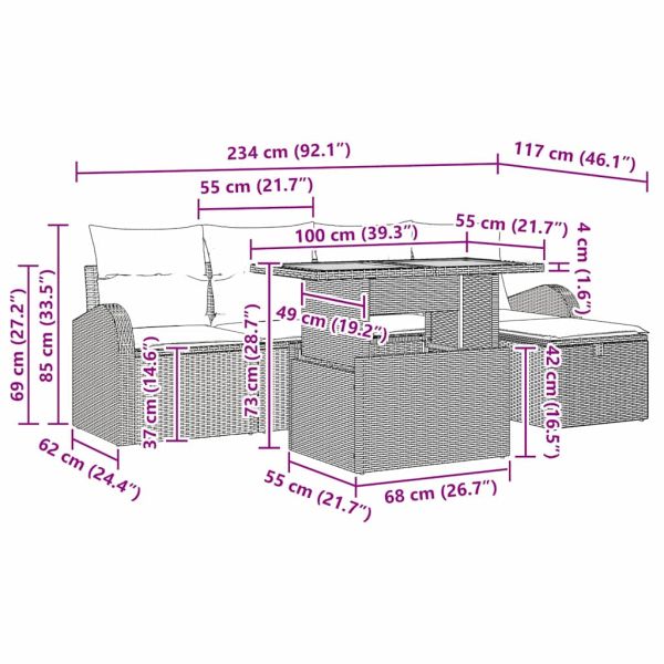 Градински Софа Комплект с възглавница 6 pcs Сив Полиратан