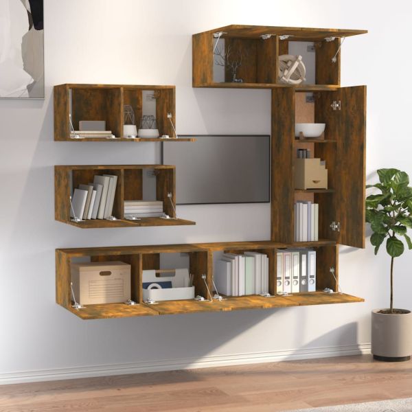 Комплект ТВ шкафове от 6 части, опушен дъб, инженерно дърво