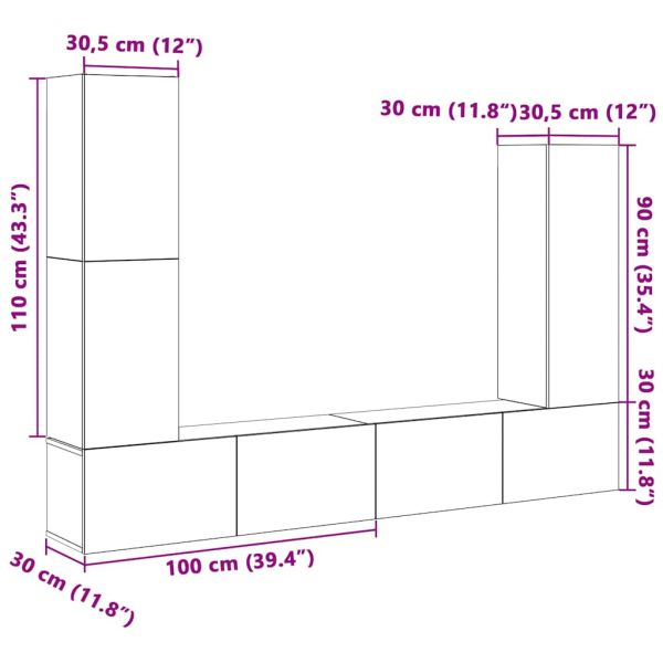 Комплект ТВ шкафове от 4 части, опушен дъб, инженерно дърво