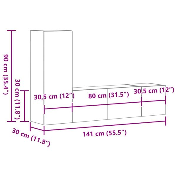 Комплект ТВ шкафове от 3 части, опушен дъб, инженерно дърво