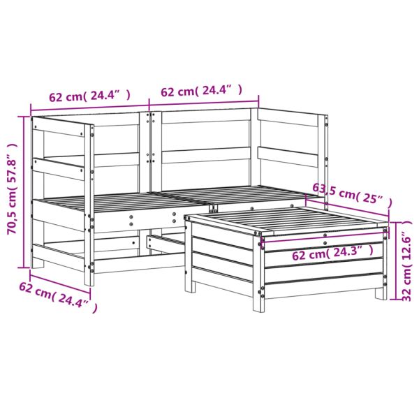 Градински комплект диван от 3 части, масивно дърво бор