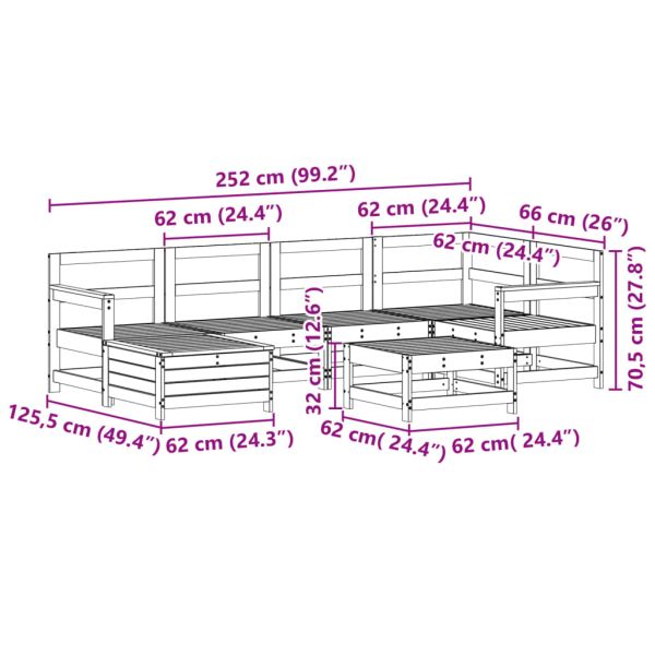 Градински комплект диван от 7 части, масивно дърво бор