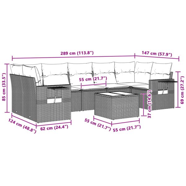 Градински комплект с възглавници, 8 части, светлосив полиратан