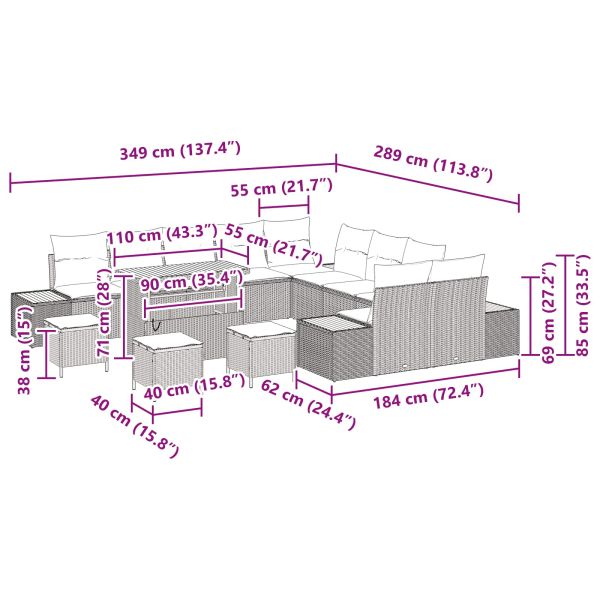 Градински Софа Комплект с възглавница 14 pcs Черно Полиратан