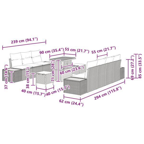 Градински Софа Комплект с възглавница 10 pcs Черно Полиратан