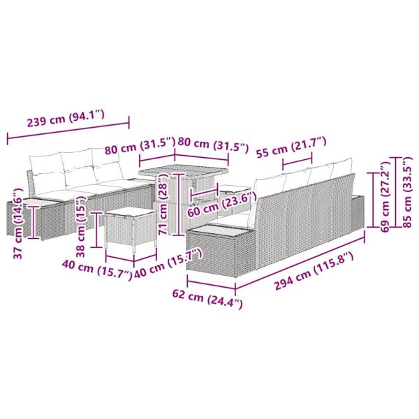 Градински Софа Комплект с възглавница 10 pcs Бежово Полиратан