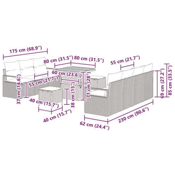 Градински Софа Комплект с възглавница 10 pcs Бежово Полиратан