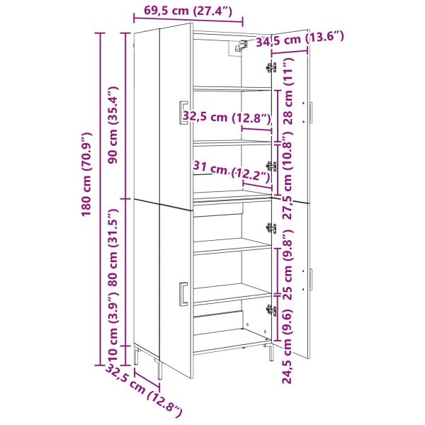 Висок шкаф Черен дъб 69,5 x 34 x 180 см Инженерно дърво