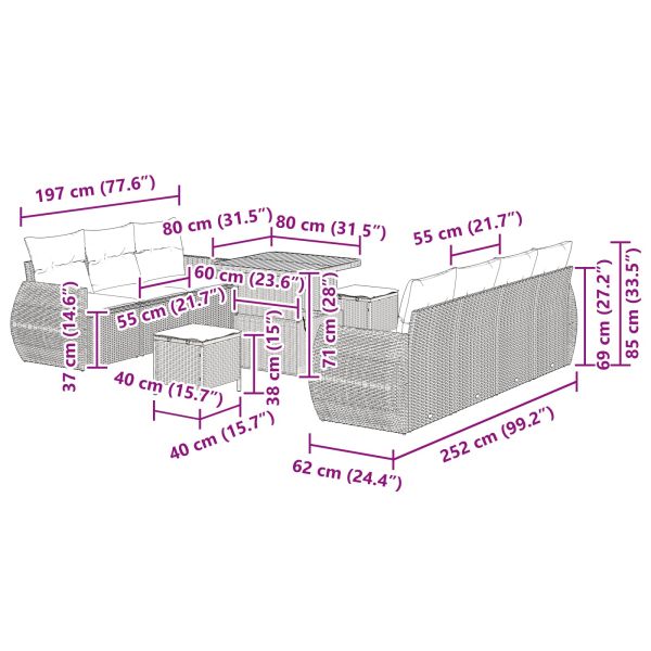 Градински Софа Комплект с възглавница 10 pcs Черно полиратан