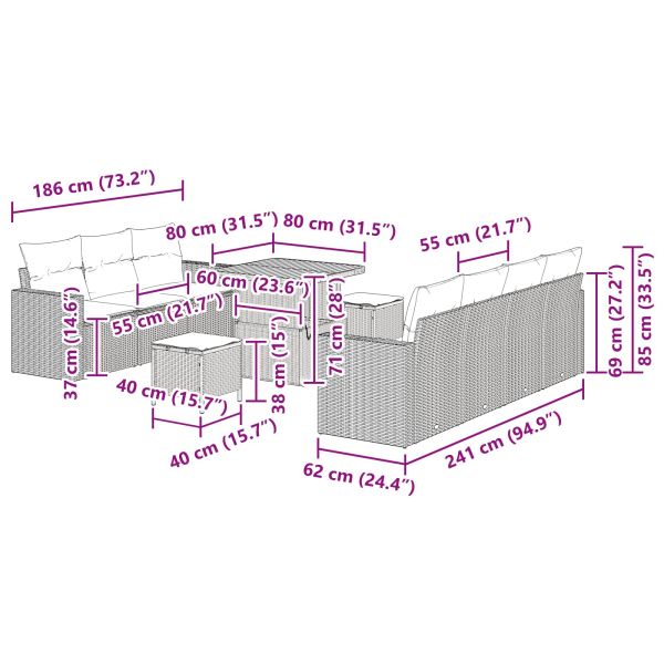 Градински Софа Комплект с възглавница 10 pcs Черно