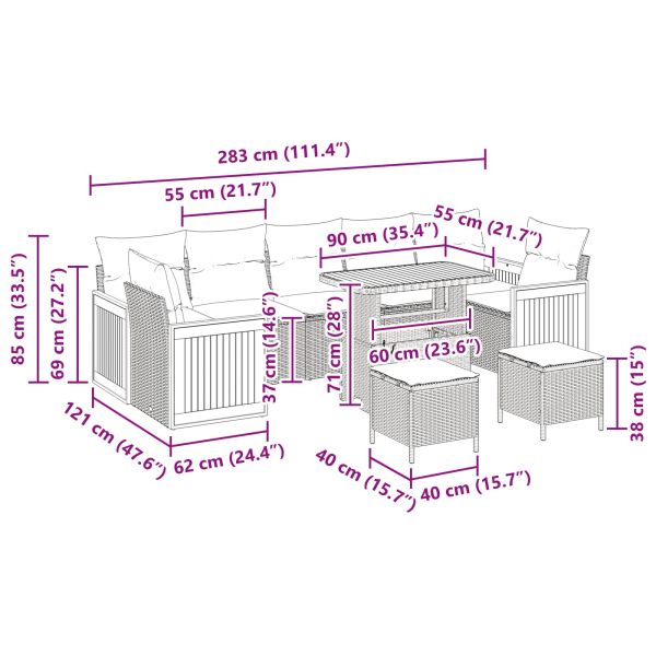 Градински Софа Комплект с възглавница 10 pcs Черно