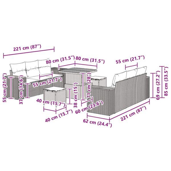Градински Софа Комплект с възглавница 9 pcs Бежово Полиратан