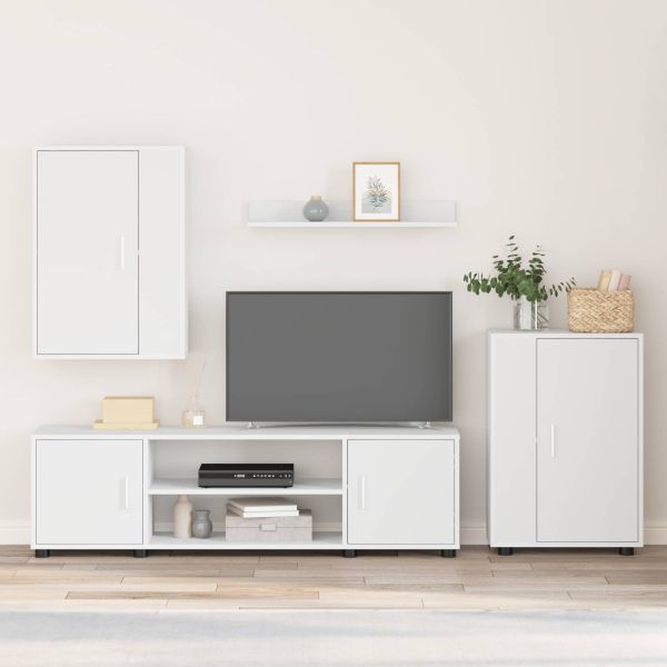 Комплект ТВ шкаф Монтиране на стена 4 pcs Бяло Инженерно дърво