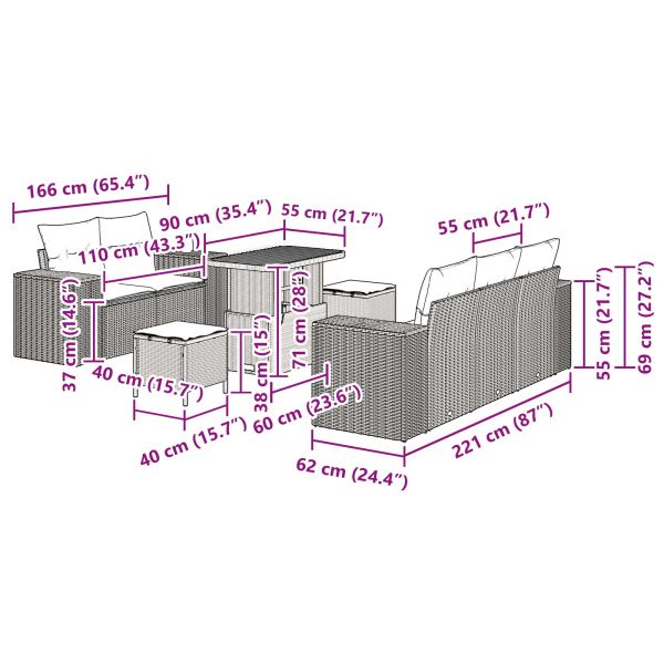 Градински Софа Комплект с възглавница 8 pcs Черно полиратан
