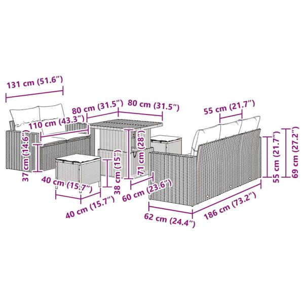 Градински Софа Комплект с възглавница 8 pcs Бежово полиратан