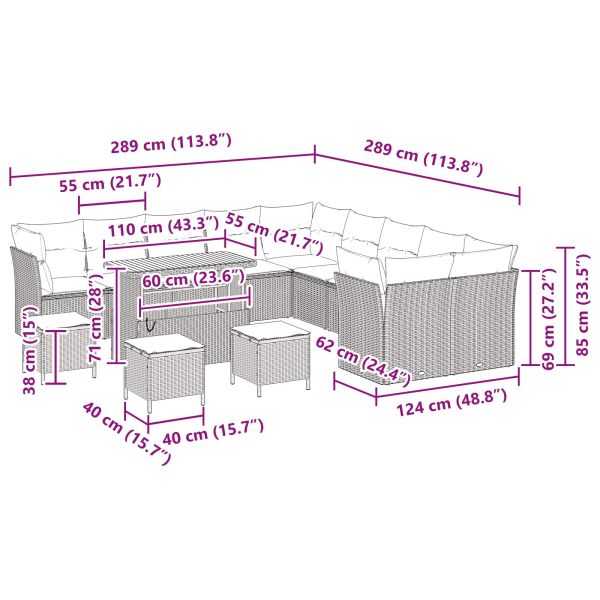 Градински Софа Комплект с възглавница 14 pcs Черно полиратан