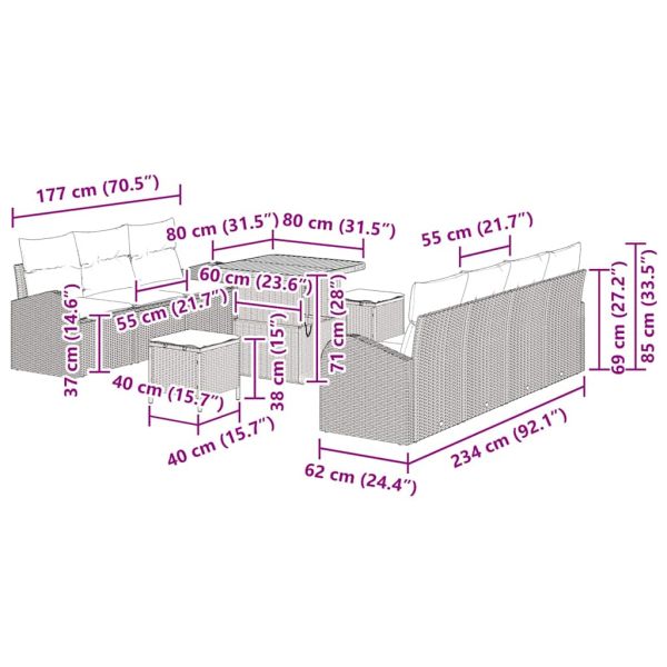 Градински Софа Комплект с възглавница 10 pcs Бежово полиратан