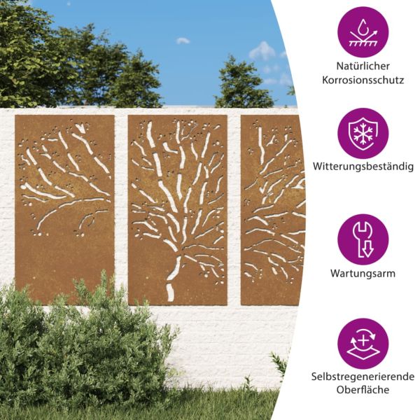 Градински декорации 3 бр 105x55 см стомана кортен дизайн дърво