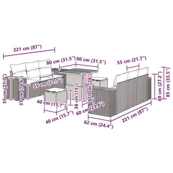 Градински Софа Комплект с възглавница 9 pcs Черно Полиратан