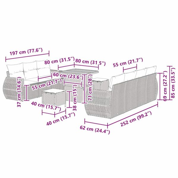 Градински Софа Комплект с възглавница 10 pcs Бежово полиратан
