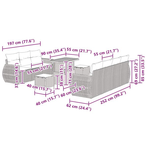 Градински Софа Комплект с възглавница 10 pcs Черно полиратан