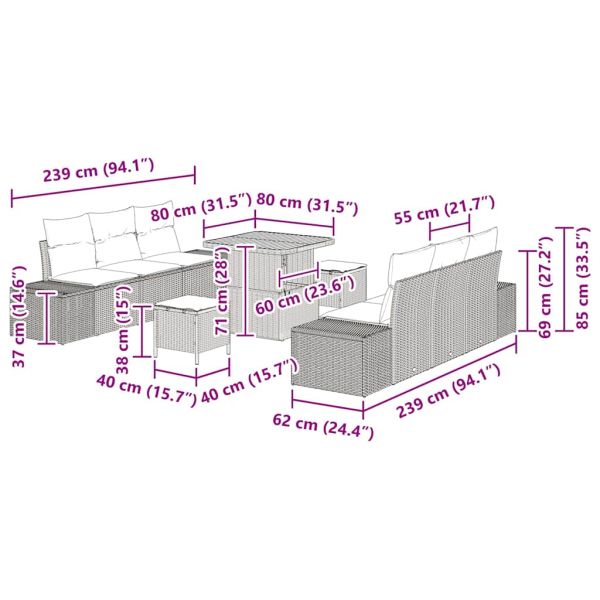 Градински Софа Комплект с възглавница 9 pcs Бежово полиратан