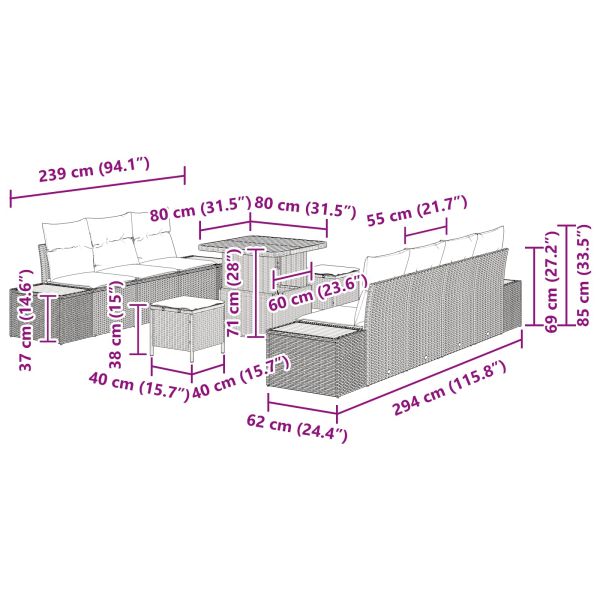 Градински Софа Комплект с възглавница 10 pcs Черно Полиратан