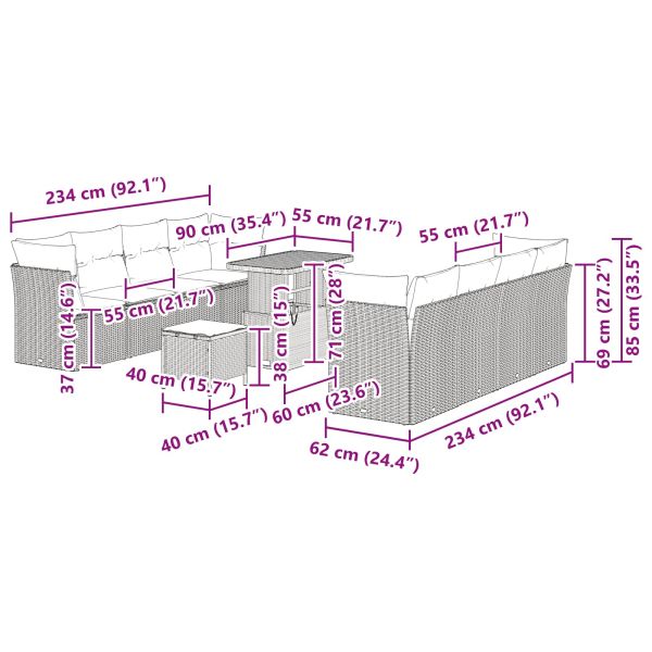 Градински Софа Комплект с възглавница 11 pcs Черно полиратан