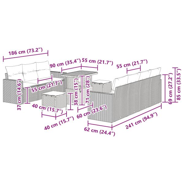 Градински Софа Комплект с възглавница 10 pcs Черно